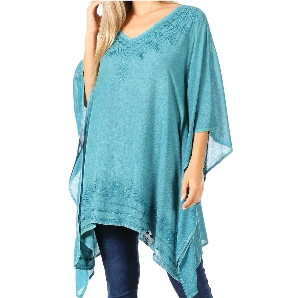 Sakkas Wren Lightweight Embroidered Poncho Blouse One Size Aqua Blue NEW